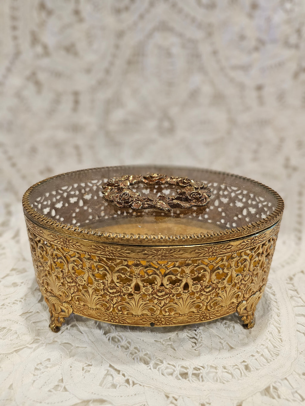 Brass Filigree Jewelry Box Oval